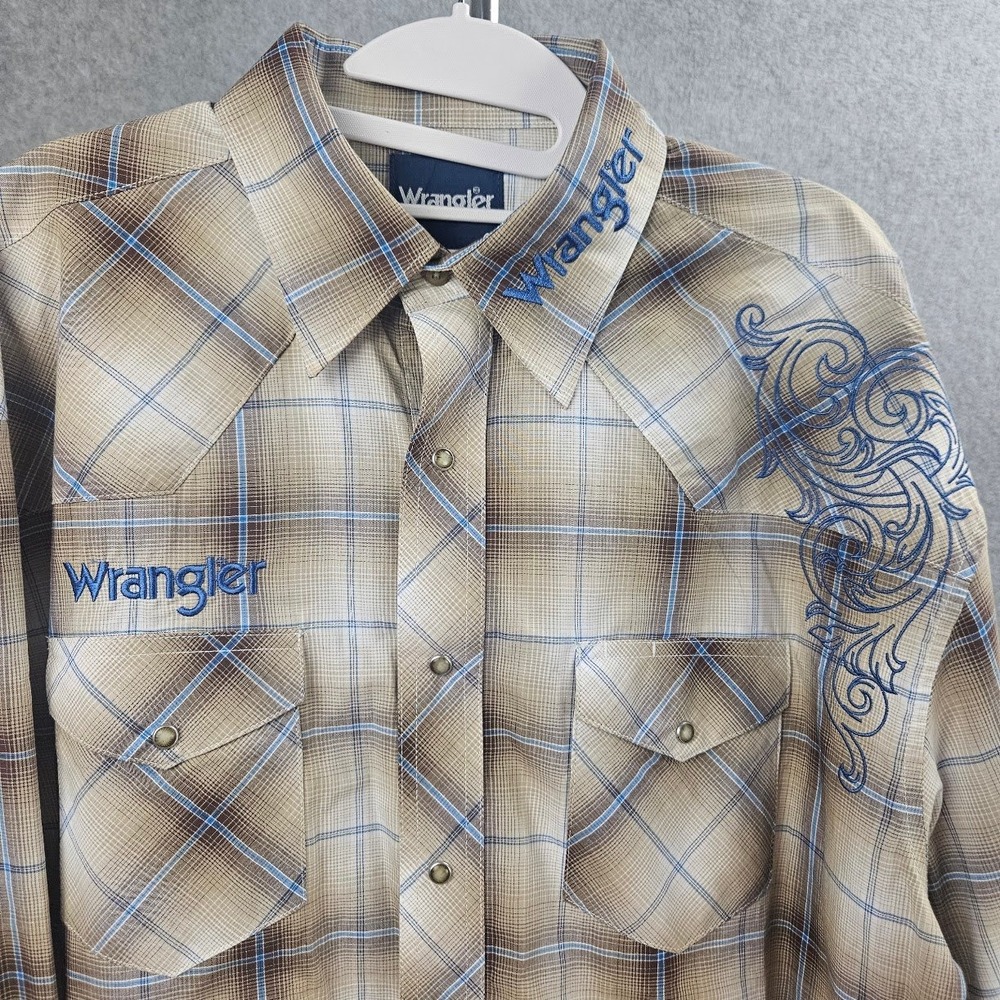 Wrangler Mens Plaid Western Pearl Snap Shirt Embroidered Rodeo Tan Blue L - Picture 4 of 16